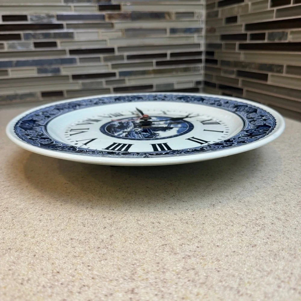 Vintage Boch Delft Blue White Windmill‎ Ceramic Plate Wall Clock Belgium WORKS